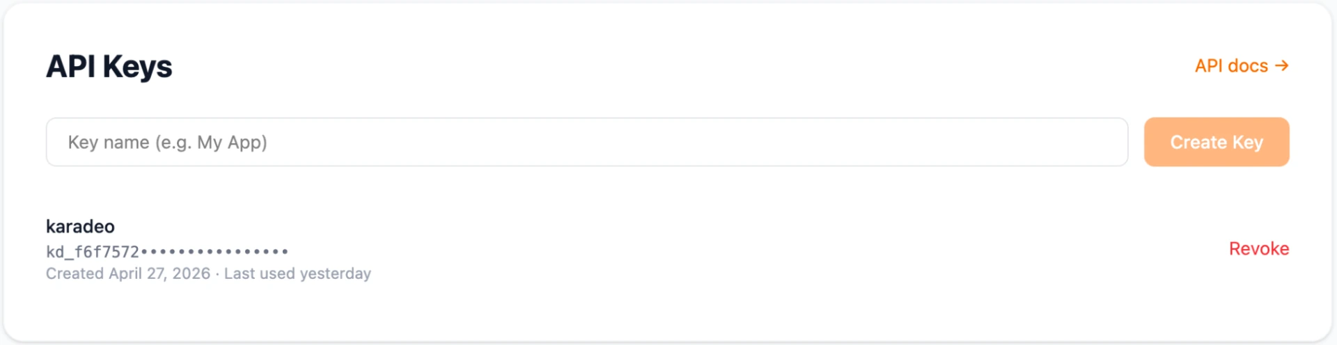 Creating an API key in the Karadeo dashboard