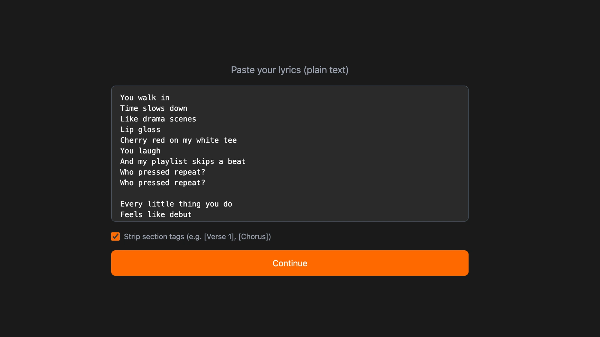 Pasting Suno lyrics and running AI sync in Karadeo