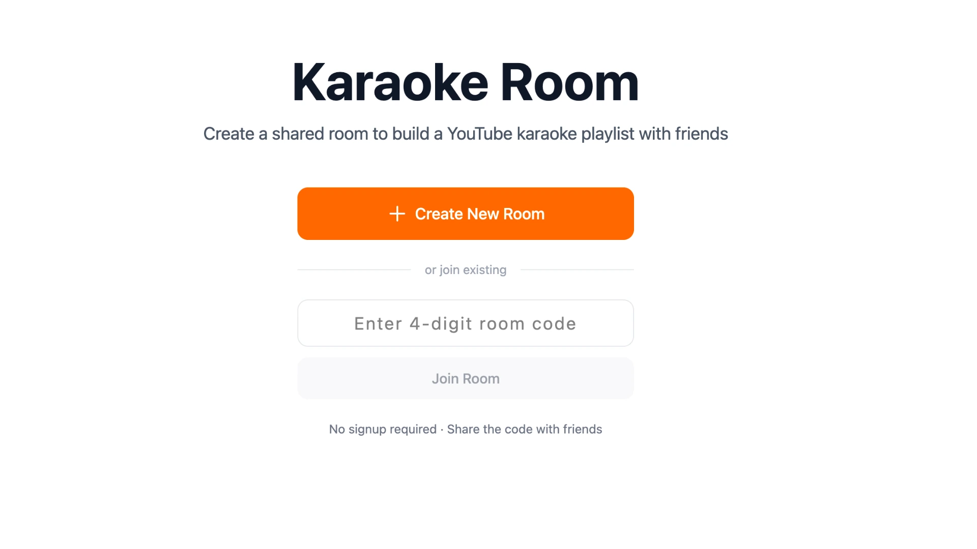 YouTube karaoke queue creation screen with room code and QR code