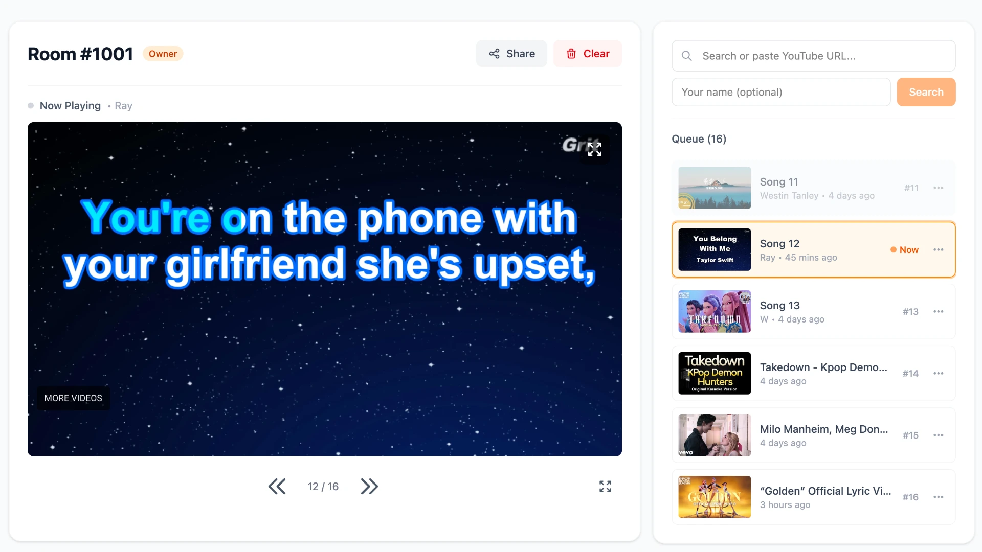 Karaoke video playing with lyrics on screen from the YouTube karaoke queue