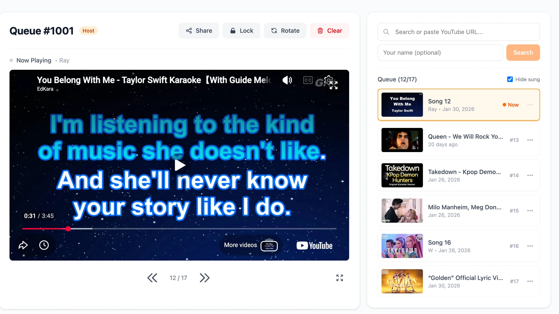 YouTube karaoke queue with multiple tracks added by guests