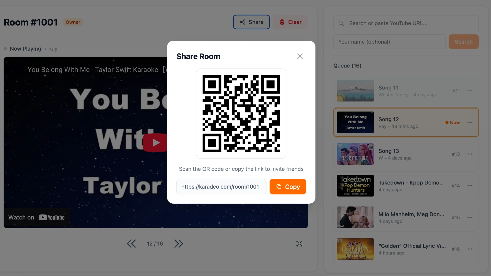 QR code and queue code for friends to join the YouTube karaoke queue