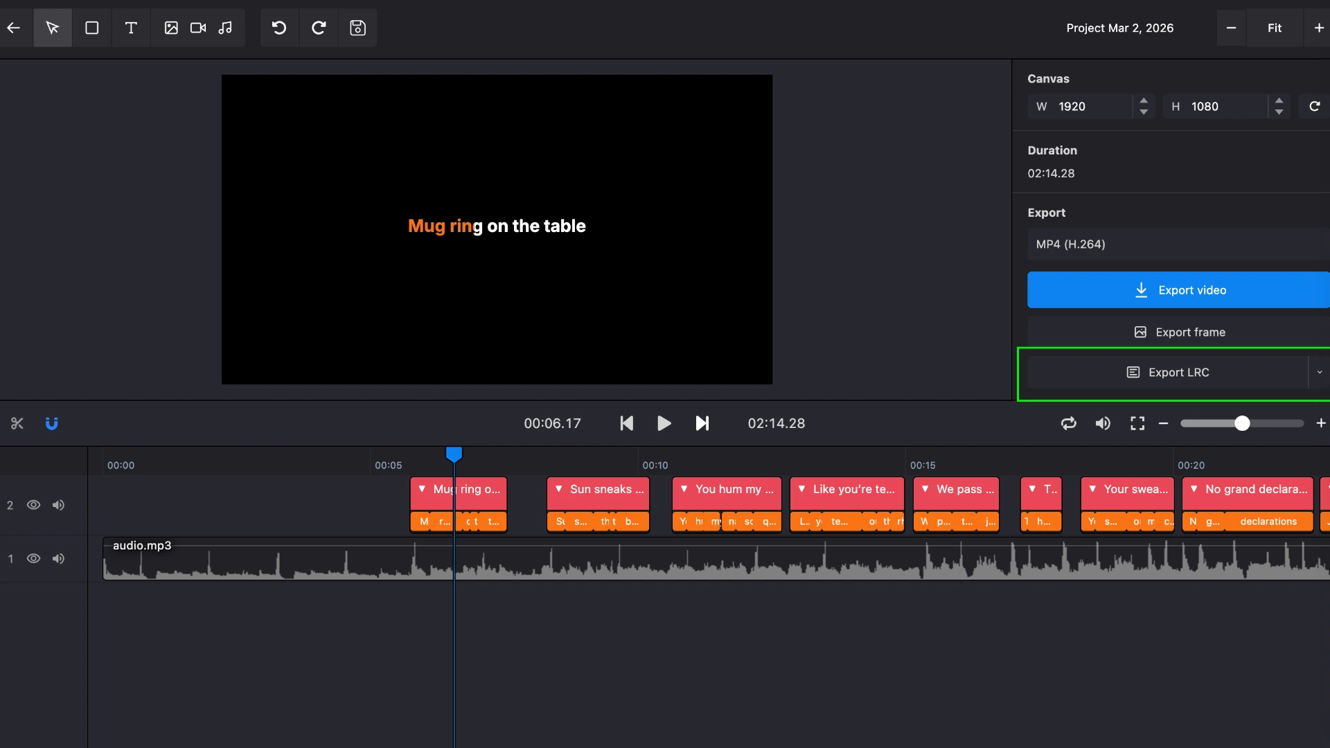 Export karaoke subtitle file as LRC, WebVTT, or ASS