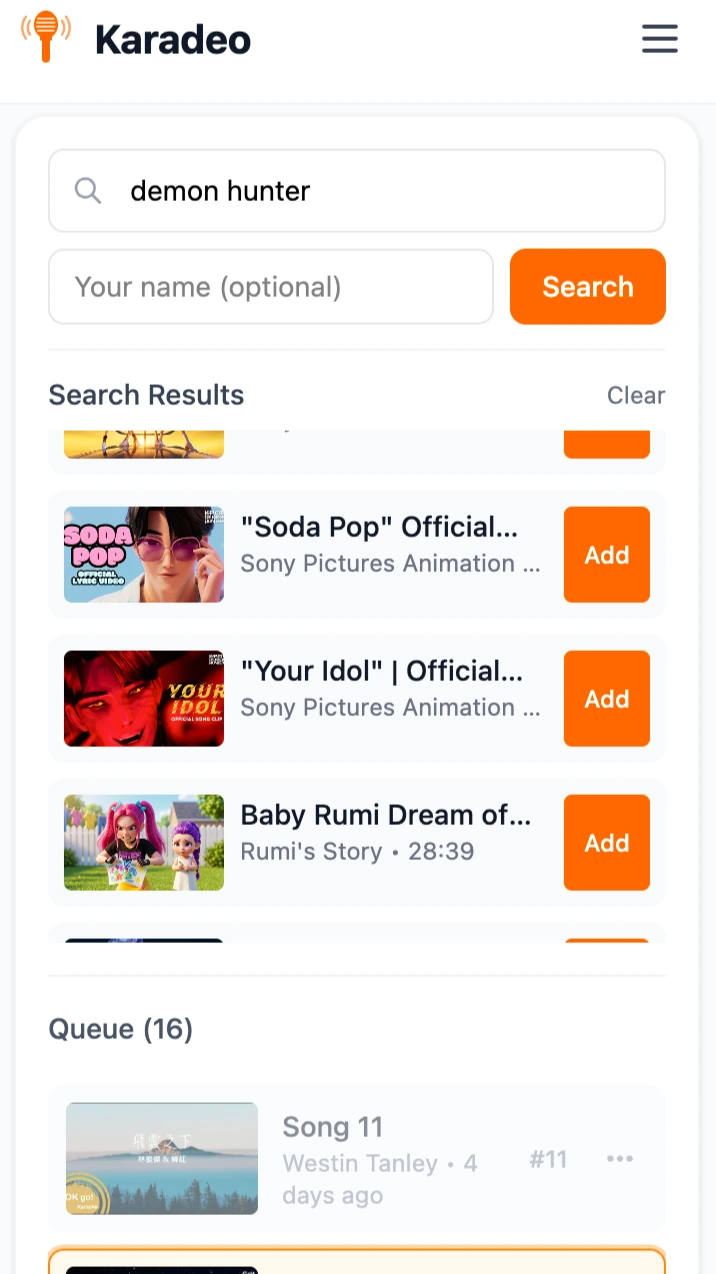 Mobile phone showing the song search interface in the YouTube karaoke queue