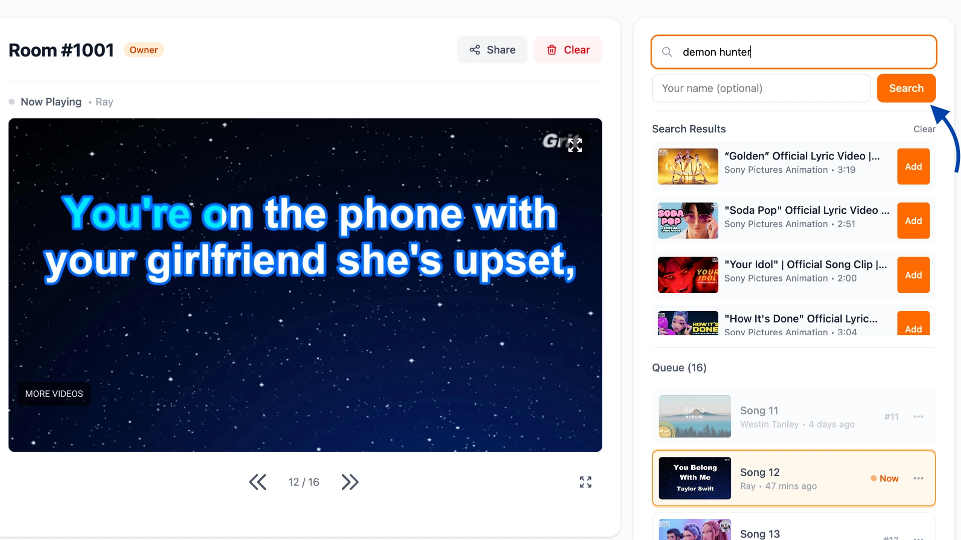 YouTube karaoke queue with multiple tracks added by guests